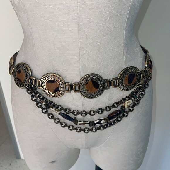 Streets Ahead Vintage Womens Belt Size Large Brown Pony Hair Brass Layered - Picture 8 of 16